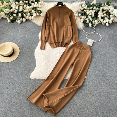 European and American loose casual sweaters and sweaters for women in autumn and winter new high-waisted wide-leg rolled hem trousers fashionable street suits