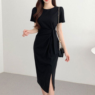 Korean chic summer retro niche round neck twist tie waist puff sleeve side slit bag hip dress female