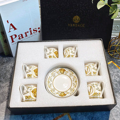 Simple 70ml concentrated cup and saucer 12-piece set European style exquisite gold-rimmed grid pattern geometric pattern ceramic cup and saucer set