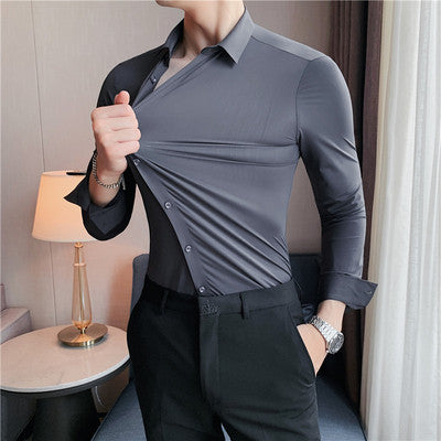 High elastic non-marking long-sleeved shirt drape silky non-ironing men's shirt business casual ruffian handsome short-sleeved slim-fit shirt