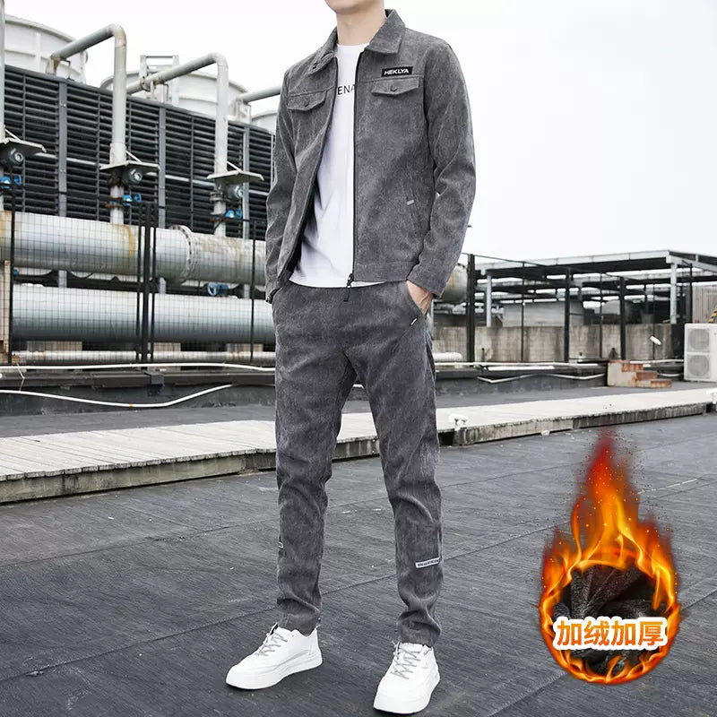 Spring and autumn sports one-piece jacket corduroy 2023 autumn and winter fashion men's casual trousers two-piece set