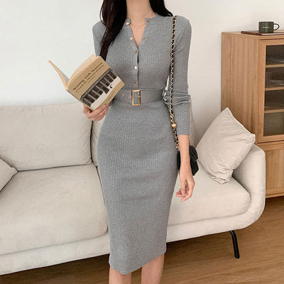 Korean chic autumn elegant and simple round neck slimming long-sleeved knitted hip-covering dress with belt for women