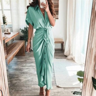 ins European and American sexy slim shirt dress long dress midi blouse shirt dress women