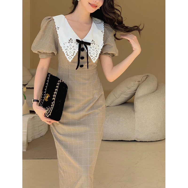 Chic v-neck stitching plaid dress women's French high-end retro elegant high-waist mid-length skirt temperament skirt