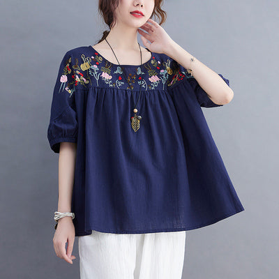 Fat mm belly cover top Tibetan meat summer cotton linen large size women's embroidery doll shirt loose all-match retro T-shirt