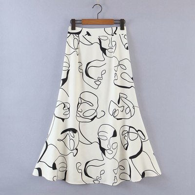 Foreign trade women's European and American fast fashion abstract stick figure printing high waist skirt mid-length skirt 2021 summer new style