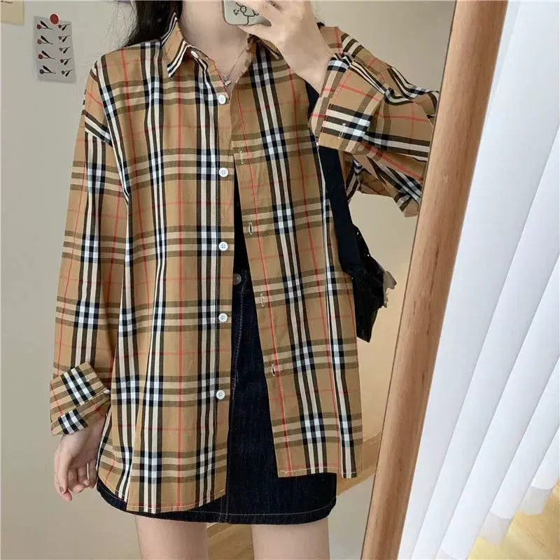 2023 summer new blouse jacket net red sunscreen shirt plaid stripe retro mid-length Hong Kong style shirt