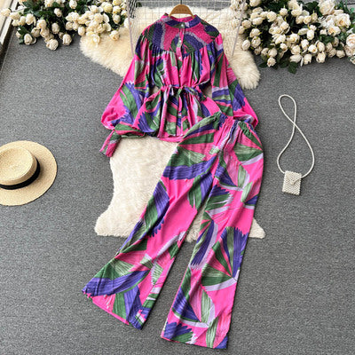 Autumn European and American print holiday wind suit women's puff sleeve tie-up ruffled top + wide-leg trousers two-piece set