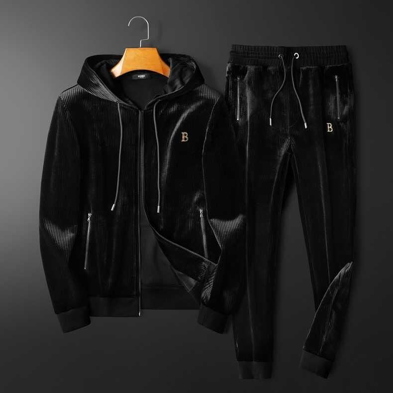 European high-end casual sports hooded suit men's trendy loose autumn and winter new gold velvet two-piece set