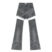 Gray raw fringed jeans women's summer straight high waist thin micro flared pants trousers detachable shorts