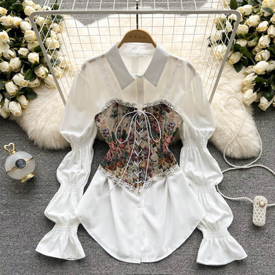 2022 spring and summer new design sense retro pattern bandage outerwear small vest mid-length a-line fluffy shirt skirt