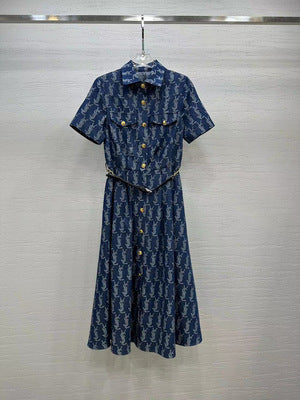 Denim Jacquard Swing Dress With Belt