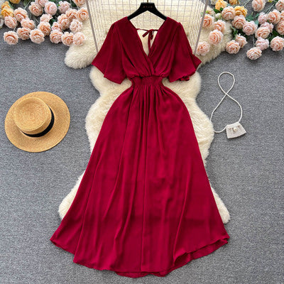 Chiffon dress 2023 new femininity V-neck elastic waist slimming long seaside holiday beach skirt