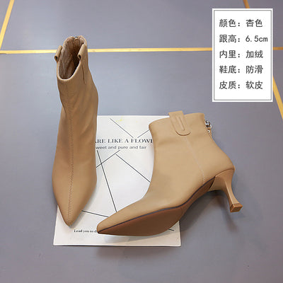 2023 autumn and winter new gray high-heeled short boots women's stiletto nude boots pointed toe Martin boots sexy velvet thin women's boots