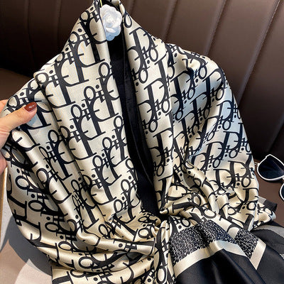 2022 New Silk Scarf Women's Fashion Letter Print Simulated Silk Thin Scarf Shawl Dual-Purpose Spring and Autumn Travel Beach Towel