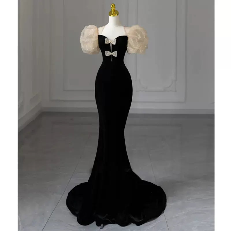 Black evening dress 2023 new high-end light luxury temperament high-end velvet host dress mermaid girl art test