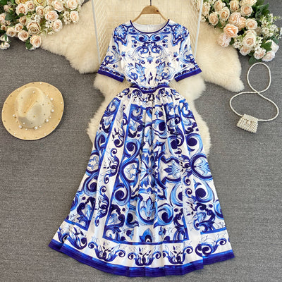 Retro palace style short-sleeved round neck celadon printed waist slimming A-line dress elegant long dress