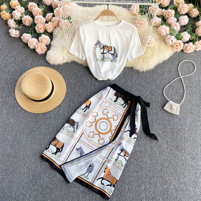 Design sense printing suit women's summer new short-sleeved T-shirt all-match high waist thin skirt fashionable two-piece suit 举报