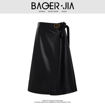 Women's Half Leather Skirt 2023 Autumn New Style [Yu Jie] Versatile, Western Style Slimming High Waisted A-Line Medium Short Skirt