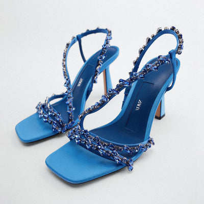 ZA2022 summer new women's shoes blue beaded belt decoration fairy temperament square head high heels stiletto sandals women