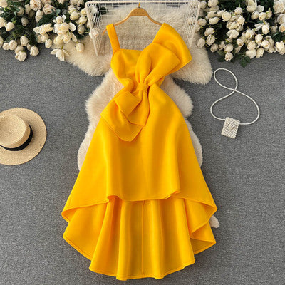 Summer new design sense sling bowknot celebrity temperament waist waist big swing irregular evening dress dress tide