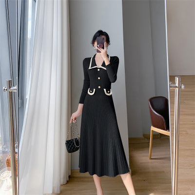 French style long-sleeved knitted dress for women in spring, autumn and winter, waist slim fit, mid-length bottoming sweater dress