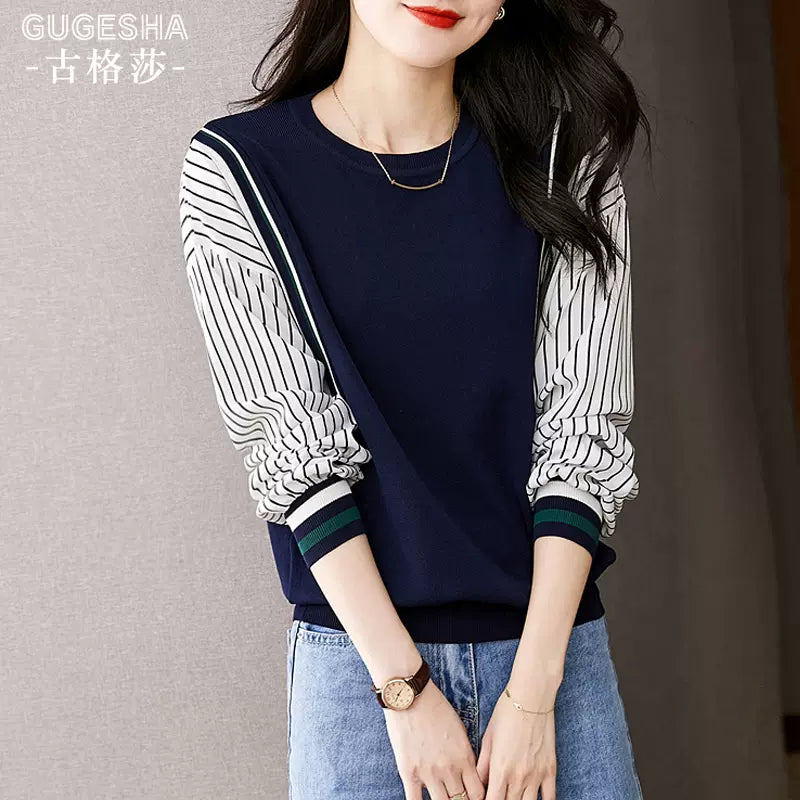 Autumn new striped splicing sweatshirt long-sleeved women's Korean fashion niche design slimming and age-reducing style top