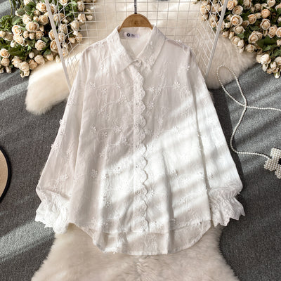 Spring and autumn Korean style ladylike long-sleeved pure cotton embroidered white single-breasted loose shirt women's casual top