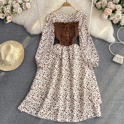 French floral skirt 2023 autumn Korean version of the small fresh and age-reducing sweet square collar waist slimming A-line dress for women