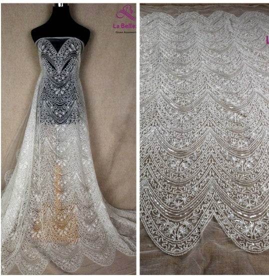 1 yard off white fashion lace fabric beaded with embroidery wavy lace fabric For Wedding dress