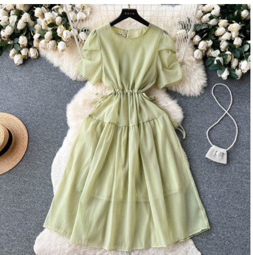 French Gentle Style Round Neck Puff Sleeve Dress Women's Summer Drawstring Tie Waist Slim Sen Fairy Fairy Dress