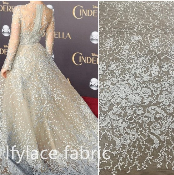 Fashion Off White Ivory Bride Embroidery French Lace Mesh Rayon Fabric Apparel sewing fabric Sell By Yard Meter
