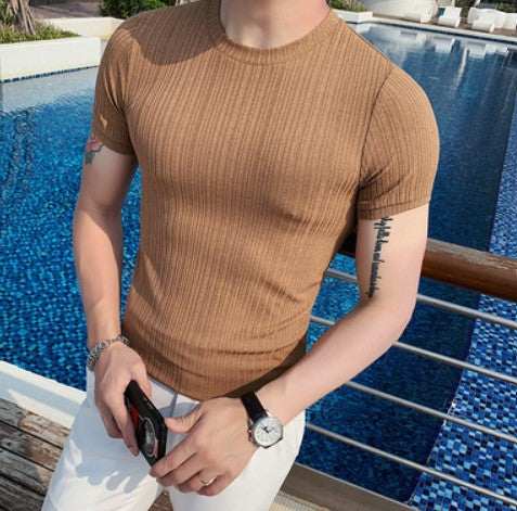 Summer thin section men's short-sleeved t-shirt slim ice silk bottoming shirt casual tight striped high-end ice sense men's top