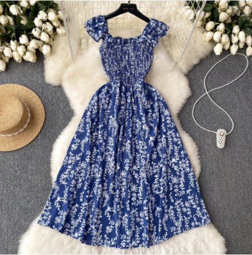 Pure desire sweet wood ear suspender floral dress female waist slim temperament chiffon long skirt French holiday skirt