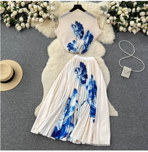 Smudged printing suit women's summer new high-end temperament half-high collar top + pleated skirt two-piece set