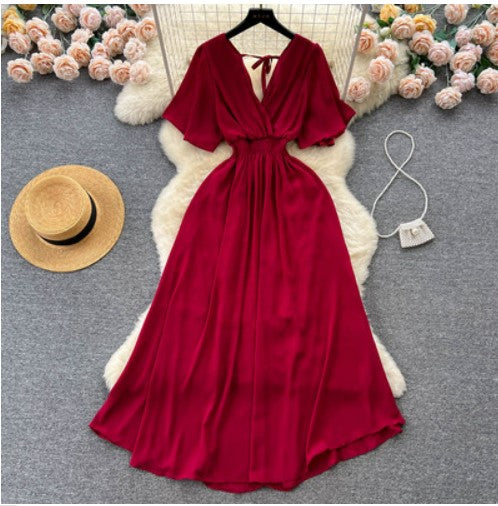 Chiffon dress 2023 new femininity V-neck elastic waist slimming long seaside holiday beach skirt