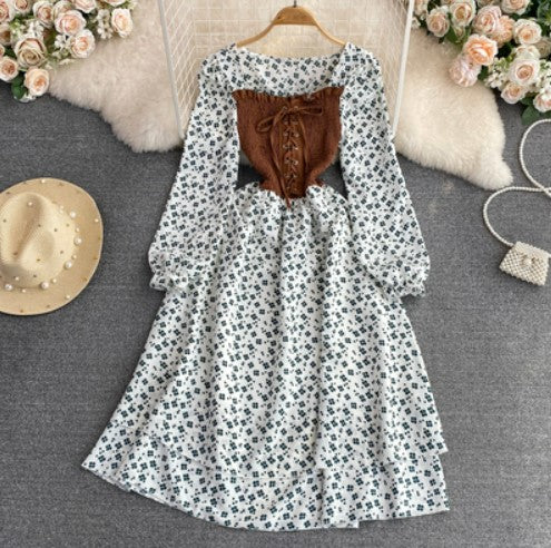 French floral skirt 2023 autumn Korean version of the small fresh and age-reducing sweet square collar waist slimming A-line dress for women report