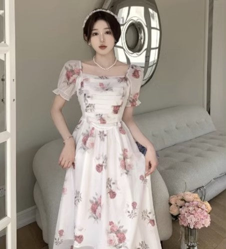 Large size and slightly fat MM French high-end platycodon floral skirt summer slim waist puff sleeve princess dress