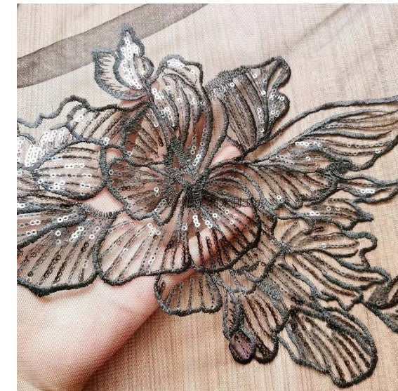 1 Piece Black Flower Patches Lace Patch For Headwear Wedding Dress Sewing Accessories 33*21CM