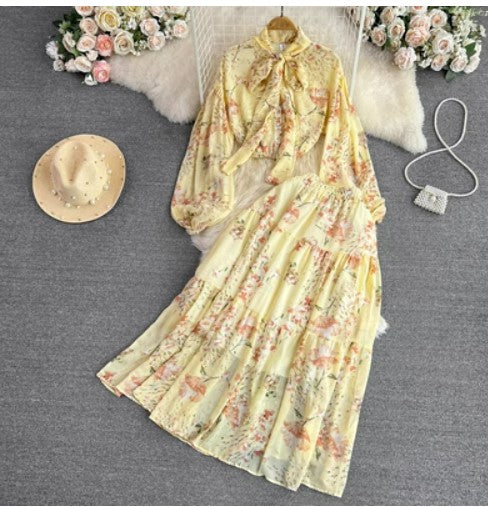 Fashion suit female sweet super fairy lantern long-sleeved bow loose top two-piece set high waist floral skirt