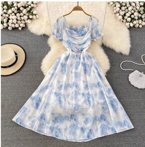 Summer retro temperament square collar puff sleeve waist print a-line dress super fairy forest first love big swing dress