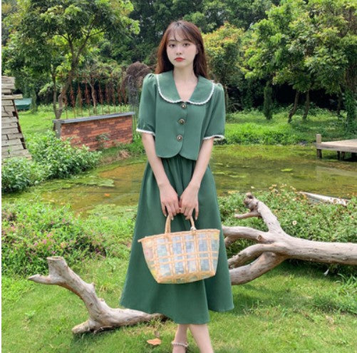 Large size retro doll collar short shirt female summer fat sister high waist slimming skirt suit two-piece set