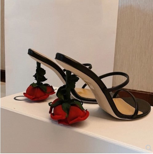 2023 new summer celebrity fashion open-toed rose one-word strap sandals female stiletto high-heeled sandals and slippers