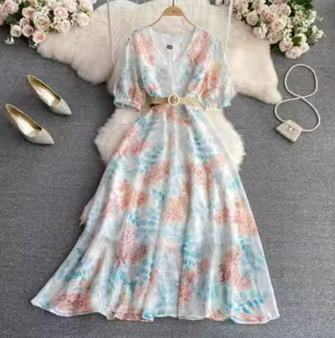 Summer luxury light luxury V-neck bubble short-sleeved waist slimming printed A-line chiffon dress elegant swing long skirt