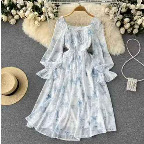 French style cool wind trumpet sleeve dress autumn women's seaside holiday square neck waist slimming floral dress