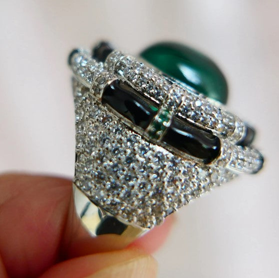 KQDANCE Large Green Stone Black Enamel Created Emerald Pearl Diamond Gemstones Ring Cocktail Party Finger Ring Jewelry For Women