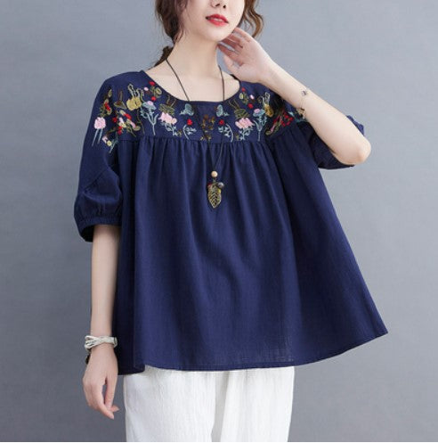 Fat mm belly cover top Tibetan meat summer cotton linen large size women's embroidery doll shirt loose all-match retro T-shirt