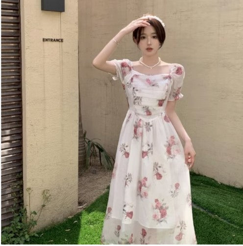 2023 new summer French retro casual temperament square collar platycodon women's dress rose high-end sense long skirt