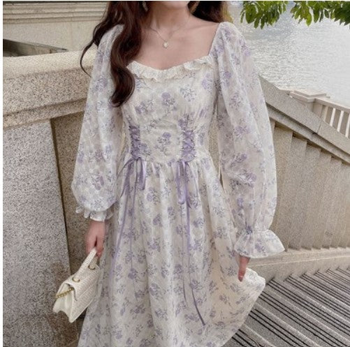 Small fresh floral dress summer French super fairy square collar lace strap waist dress mid-length princess dress women