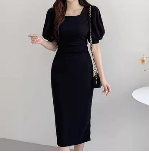 Korean chic summer elegant temperament square collar exposed clavicle slim slim puff sleeves bag hip dress long skirt female